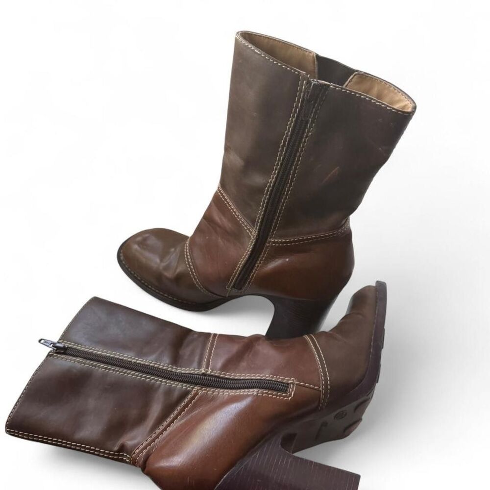 Y2K No Boundaries Brown Square-Toe Heeled Moto Boots Womenโs Size 11